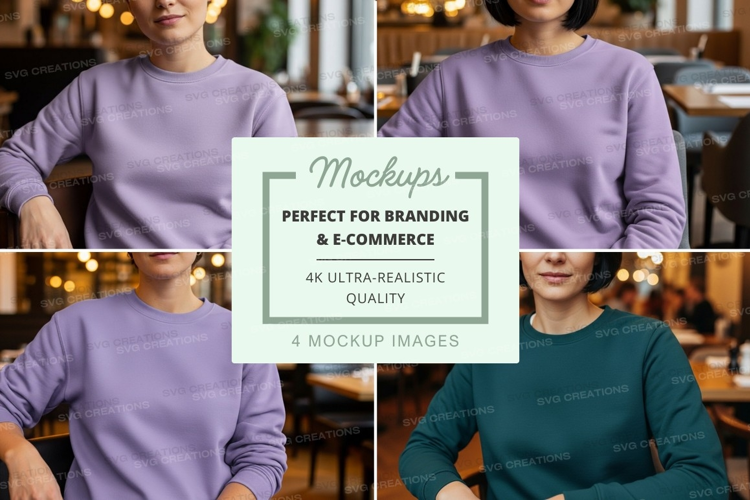 People wearing crew neck sweatshirts in a cafe
