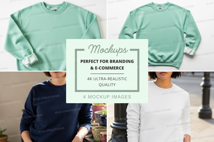 Sweatshirt mockup in light green, navy blue, and white