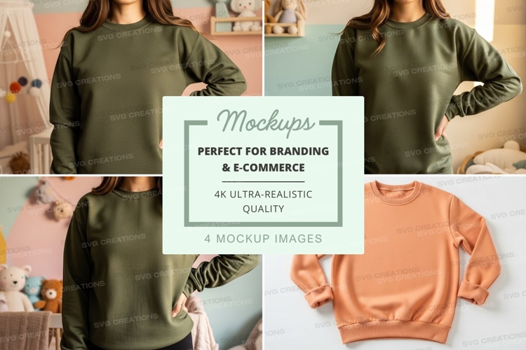 Long sleeve crew neck sweatshirt mockup in olive and peach