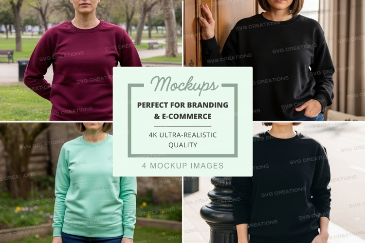 Four people wearing long sleeve crew neck sweatshirts mockup