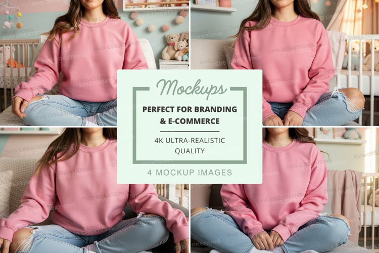 Pink long sleeve crew neck t-shirt mockup on women