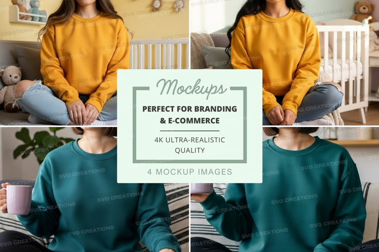 Group of four people wearing sweatshirts mockup