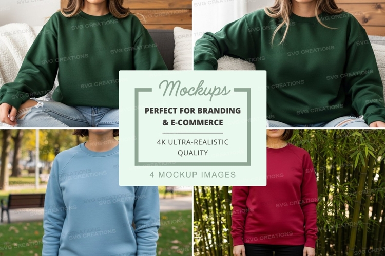 Group mockup of crew neck sweatshirts in green, light blue,