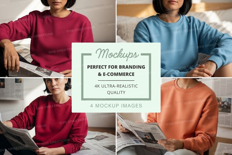 Four-person sweatshirt mockup with newspapers