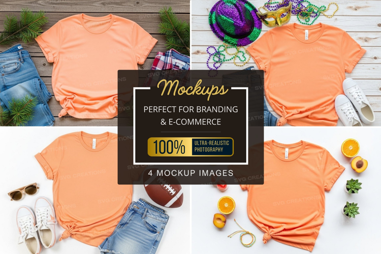 Mockup: orange t-shirts with various accessories