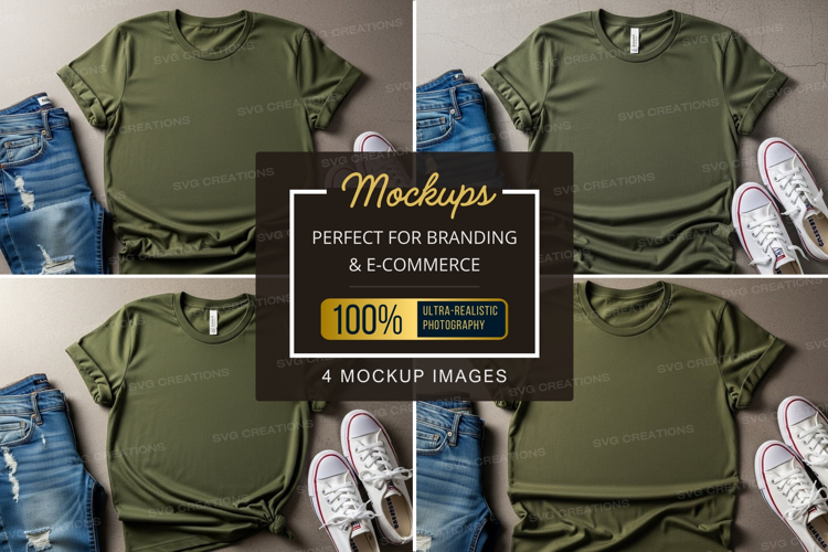 Mockup: casual outfit with olive green t-shirt, jeans, and s