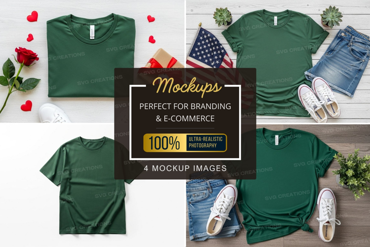 Mockup collection of green t-shirts with patriotic and casua