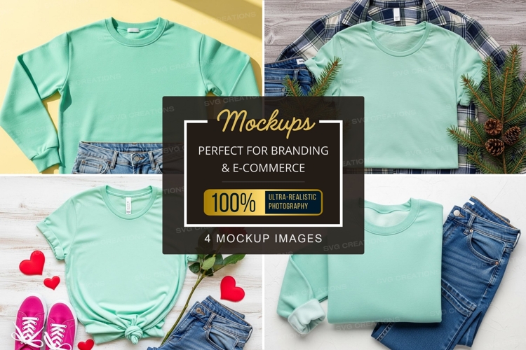 Mockup: pastel green t-shirts in various styles