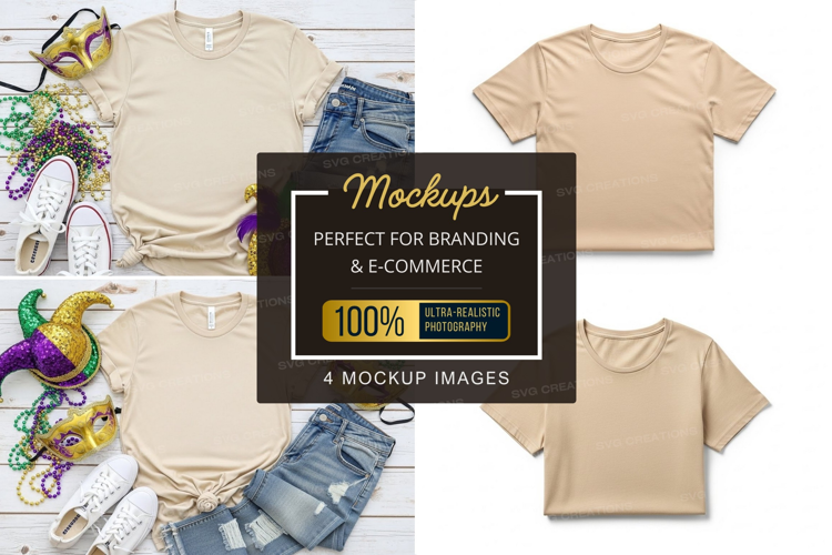 Mockup of beige t-shirts with mardi gras decorations