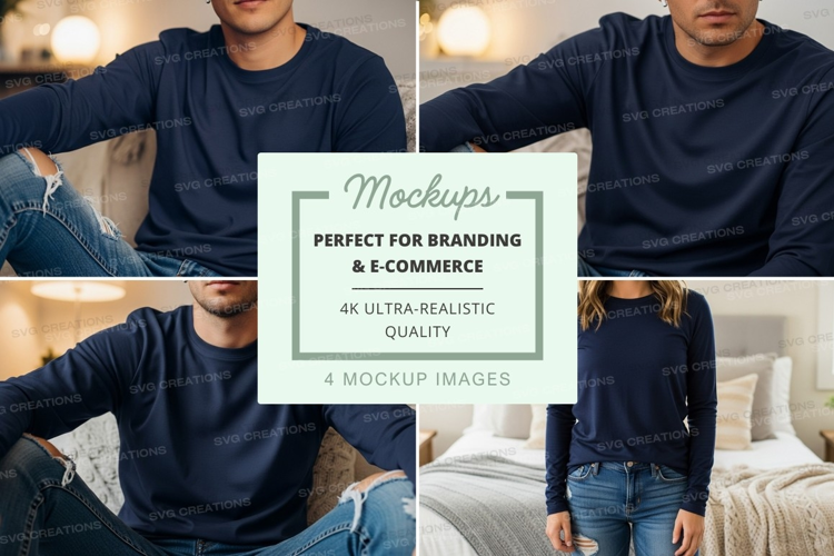 Navy blue long sleeve t-shirt mockup on models