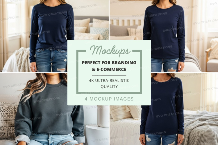 Women's long sleeve t-shirt mockup in bedroom setting