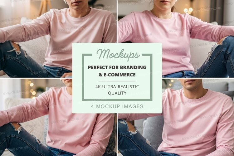 Pink long sleeve t-shirt mockup with people sitting on sofa example image 1