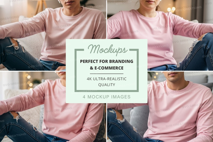 Pink long sleeve t-shirt mockup with people sitting on sofa