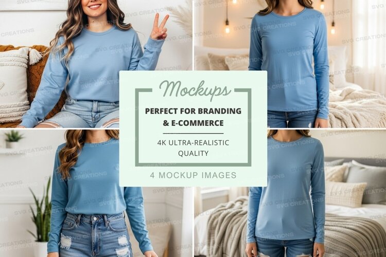 Long sleeve t-shirt mockup in light blue example image 1
