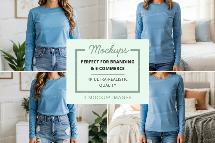 Light blue long sleeve crew neck t-shirt mockup