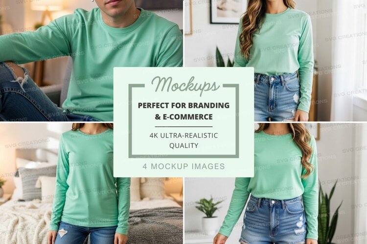 Long sleeve t-shirt mockup in mint green example image 1