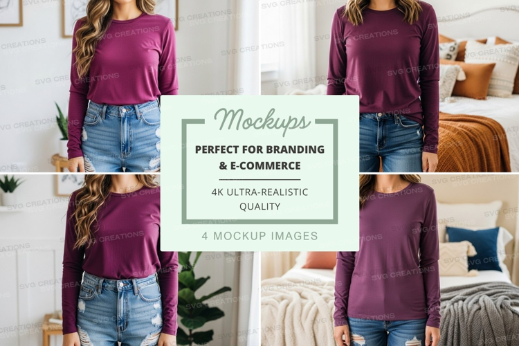 Long sleeve t-shirt mockup in burgundy