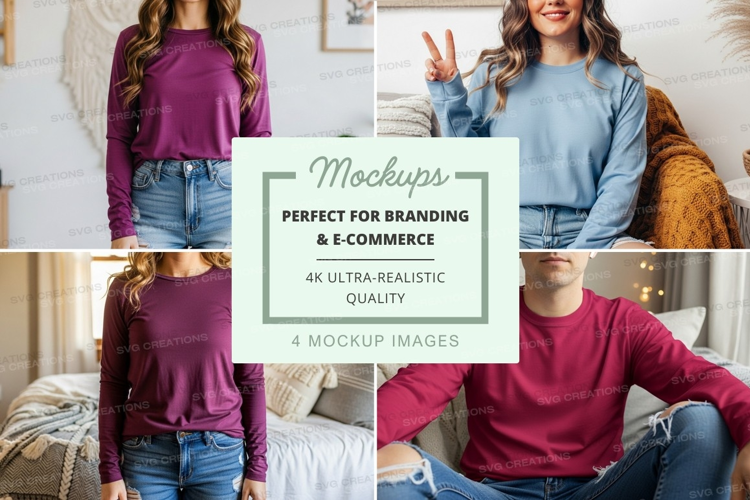 Long sleeve t-shirt mockup in purple and blue