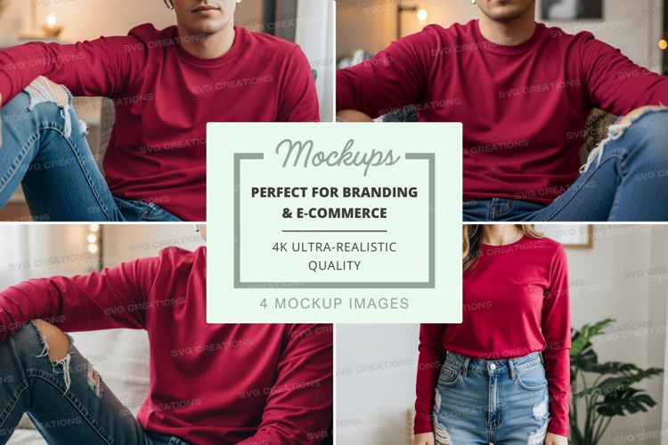 Long sleeve t-shirt mockup in burgundy