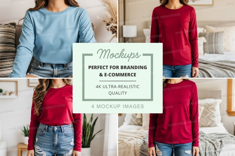 Long sleeve t-shirt mockup in light blue and red