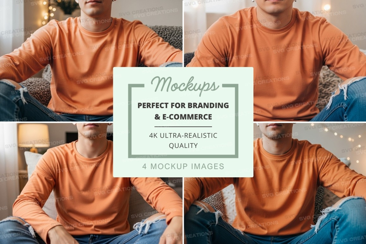 Orange long sleeve t-shirt mockup on man sitting on sofa
