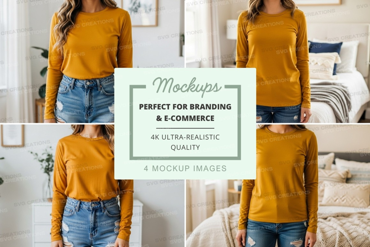 Long sleeve t-shirt mockup in mustard yellow
