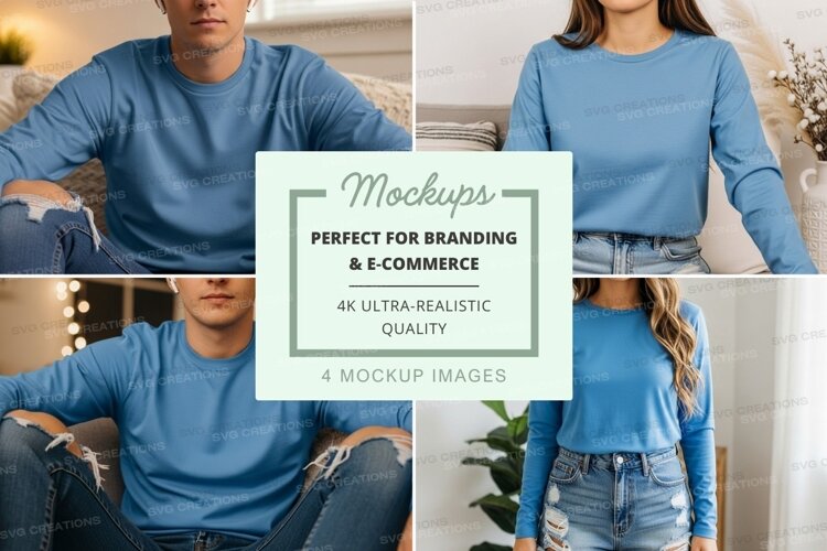 Blue long sleeve t-shirt mockup on models example image 1