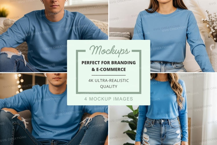 Blue long sleeve t-shirt mockup on models