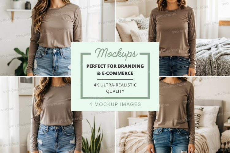 Long sleeve t-shirt mockup with model in bedroom setting