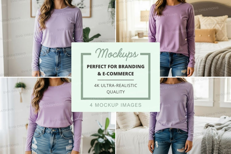 Long sleeve t-shirt mockup - lavender, crew neck, oversized