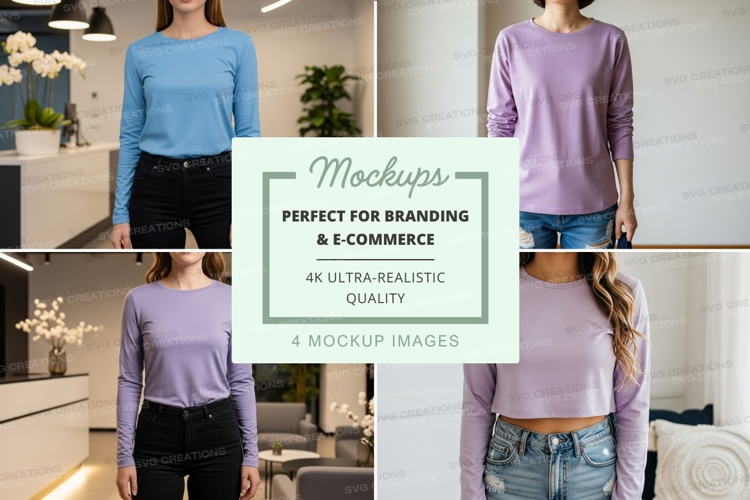 Long sleeve t-shirt mockup in blue and purple
