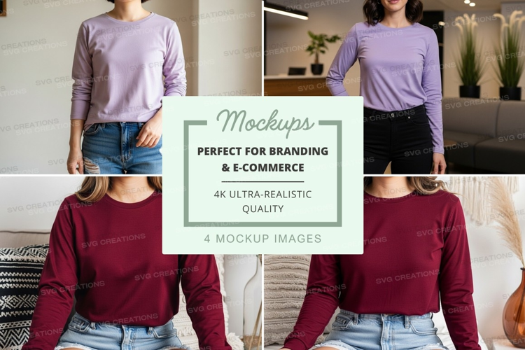 Long sleeve t-shirt mockup in lavender and burgundy