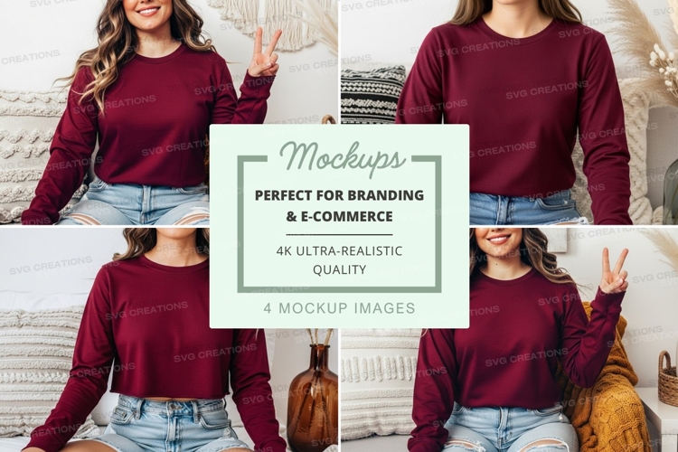 Long sleeve t-shirt mockup in burgundy