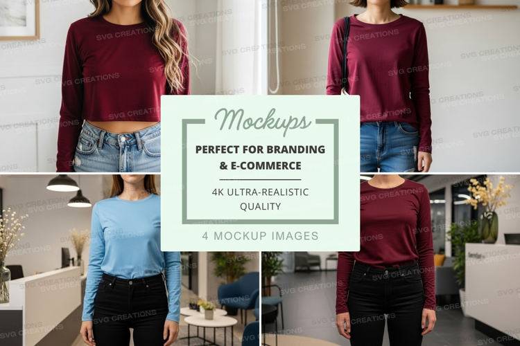 Long sleeve t-shirt mockup in maroon and blue