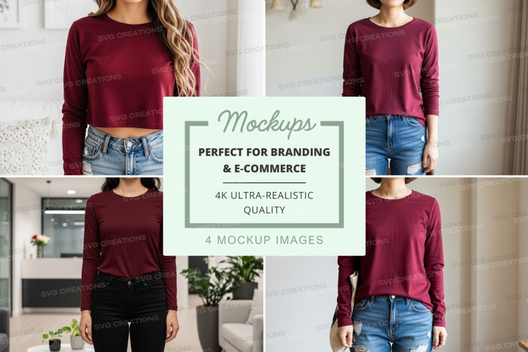 Long sleeve t-shirt mockup in burgundy