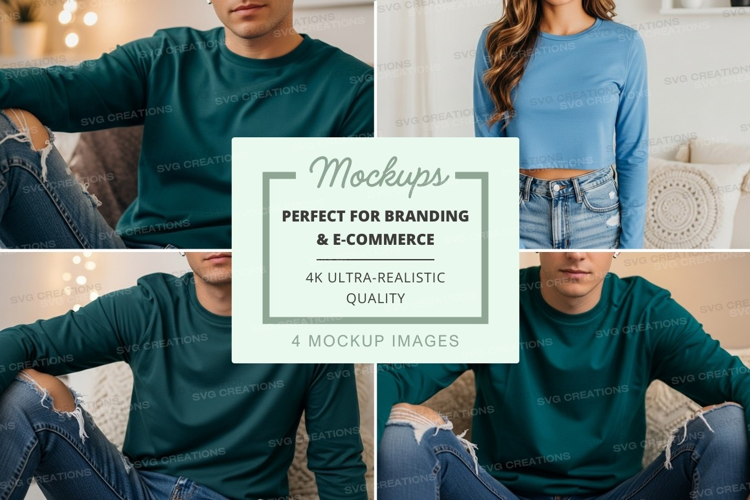 Mockup of long sleeve t-shirts in green and blue