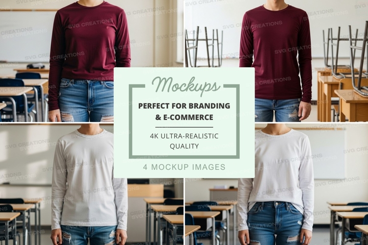 Classroom t-shirt mockup with long sleeve t-shirts