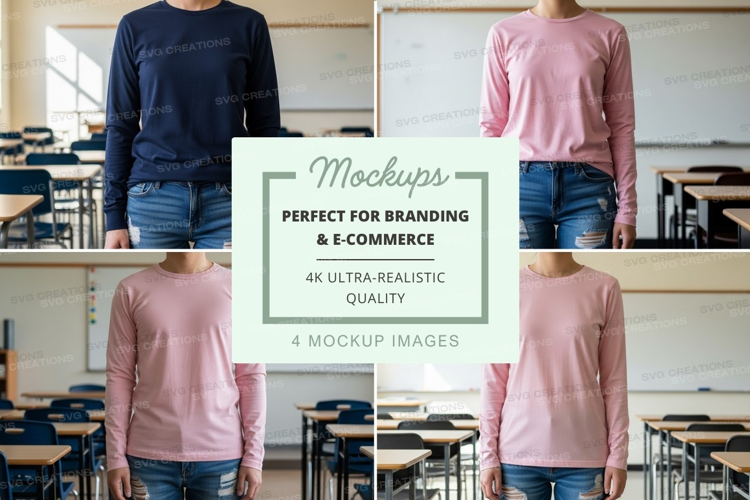 Four person long sleeve t-shirt mockup in classroom setting
