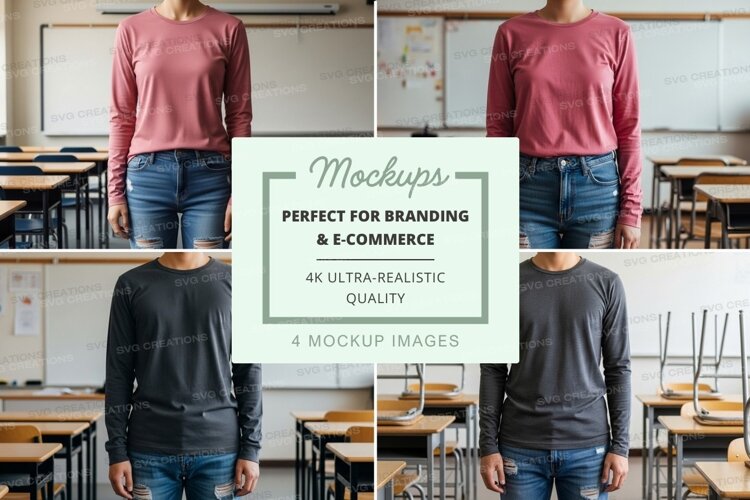 Long sleeve t-shirt mockup in classroom setting example image 1