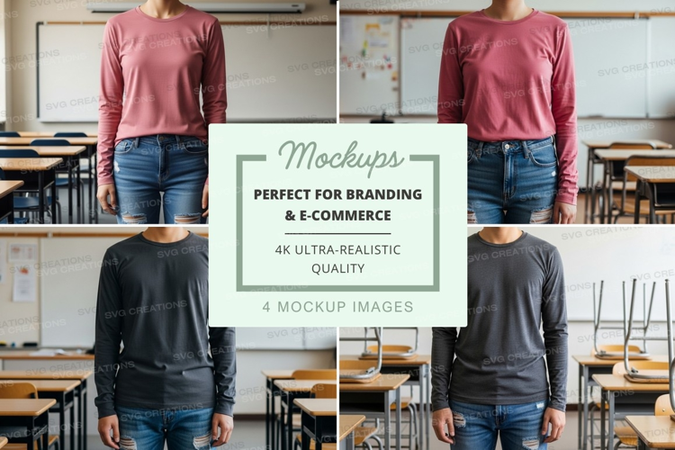 Long sleeve t-shirt mockup in classroom setting