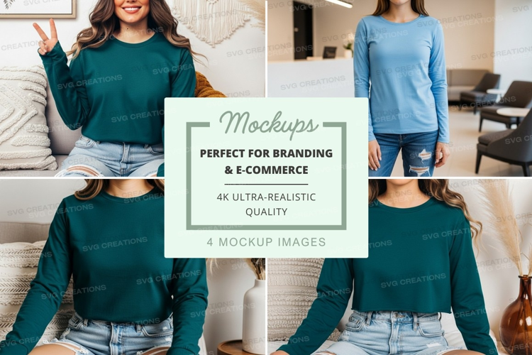Long sleeve t-shirt mockup in teal and light blue