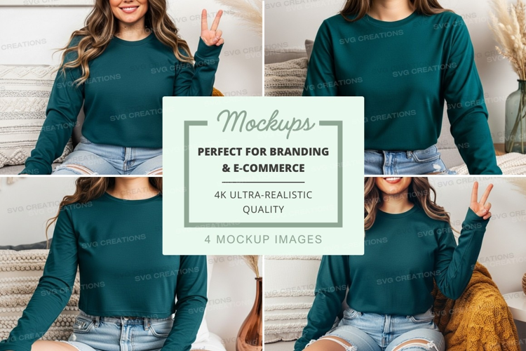 Long sleeve crew neck t-shirt mockup in dark green
