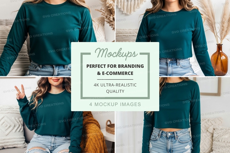Teal long sleeve crew neck t-shirt mockup