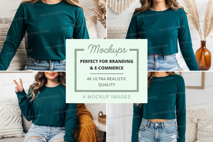 Teal long sleeve crew neck t-shirt mockup