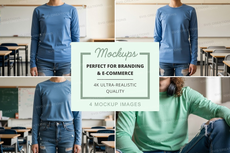 Long sleeve t-shirt mockup in classroom settinglong sleeve t