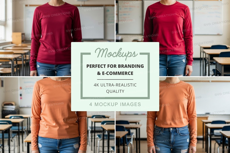 Long sleeve t-shirt mockup in classroom setting