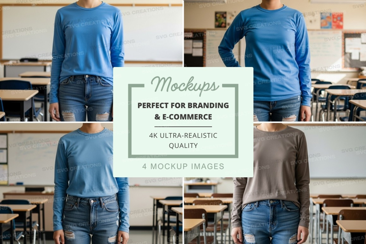 Long sleeve t-shirt mockup in classroom setting