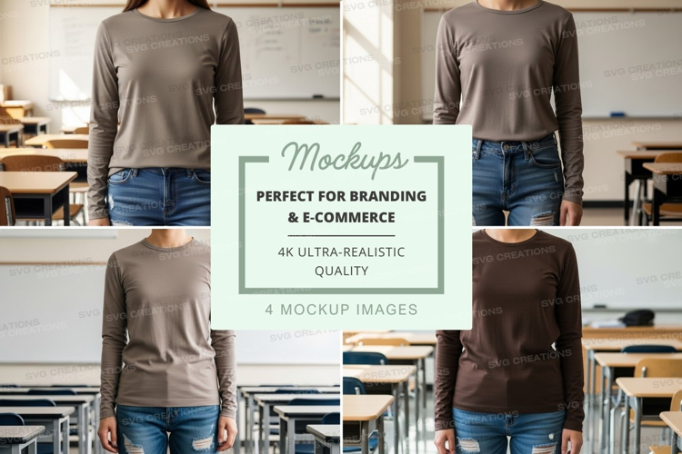Long sleeve t-shirt mockup in classroom setting