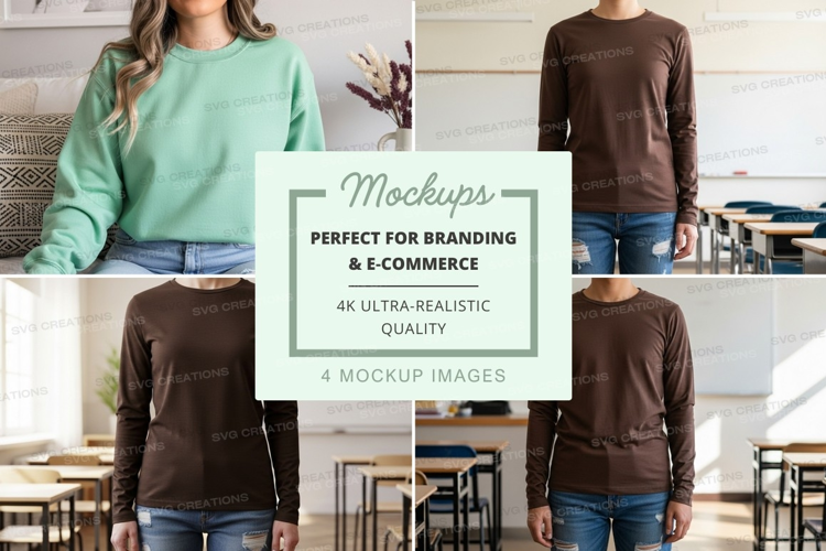 Long sleeve t-shirt mockup in green and brown