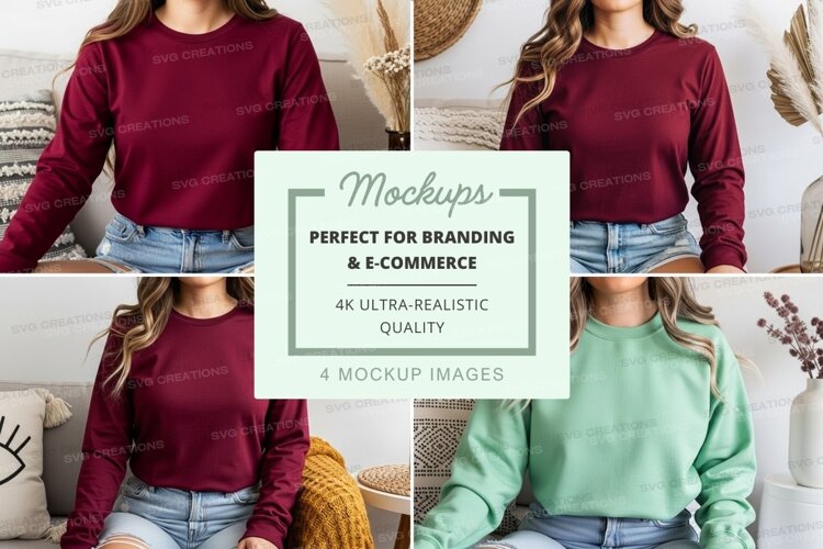Long sleeve t-shirt mockup in maroon and green example image 1